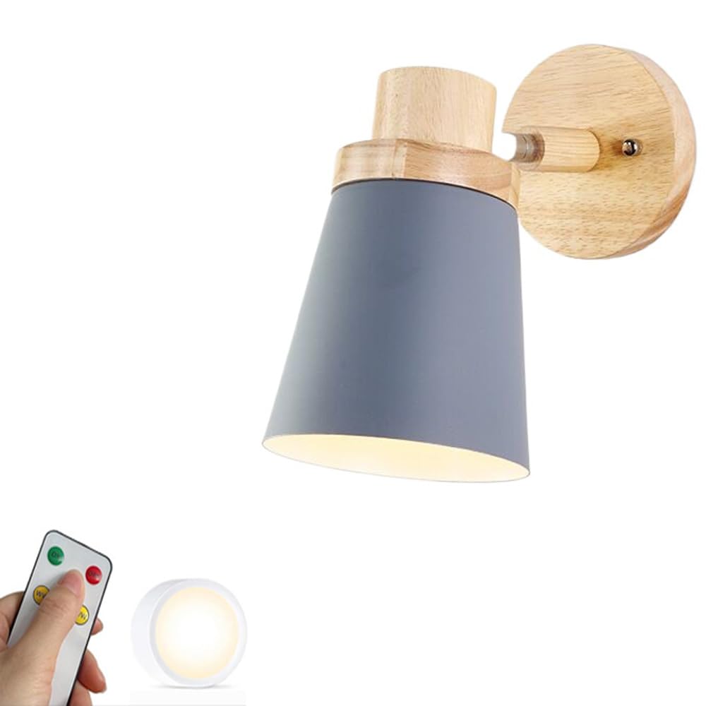 Lampada da Parete Moderna a Batteria con Telecomando in Legno, Stile Industriale, Senza Fili, Ricaricabile Tramite USB, Ideale per Comodino o testiera del Letto, Colore Grigio.