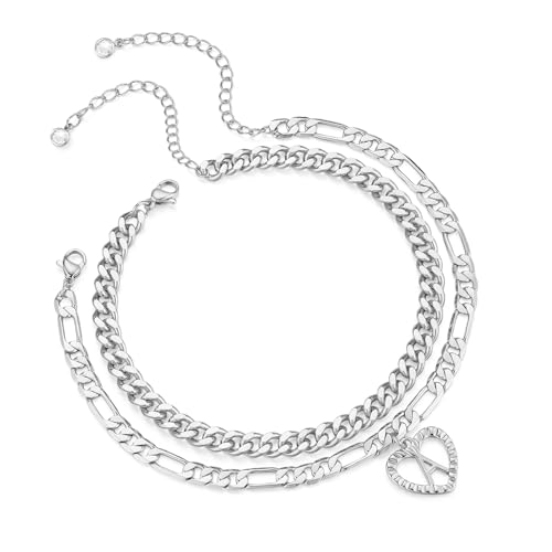Image of Dainty Gold Ankle Bracelets for Women 14K Gold Plated Heart Initial Anklets for Women Stackable Cuban Figaro Chains Women's Anklets Anklets for Women Waterproof