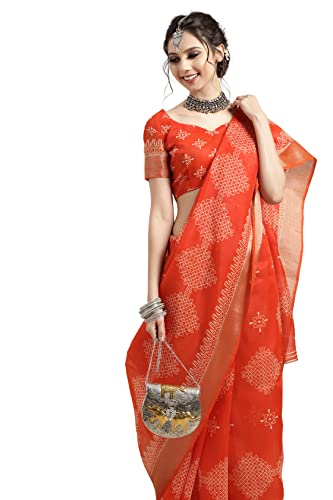 Image of AKHILAM Casual Cotton Geometric Saree with Unstitched Blouse Piece for Women
