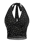WDIRARA Women's Rhinestone Crop Halter Top Ruched Sleeveless Tie Backless Mesh Top Black Medium