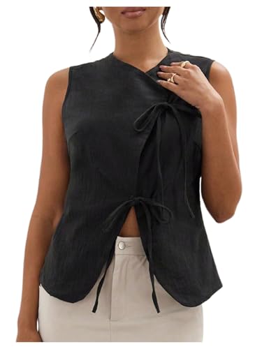 Milumia Women's Bow Tie Tank Top Wrapped Sleeveless Split Hem Summer Causual Linen Vest Tops