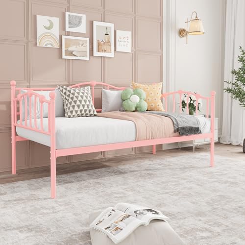 Image of GarveeHome Twin Size Daybed Frame, Metal Platform Sofa Bed with Stylish Headboard, Heavy Duty Steel Slat Support, Space Saving for Living Room /Bedroom /Guest Room, No Box Spring Needed, Pink