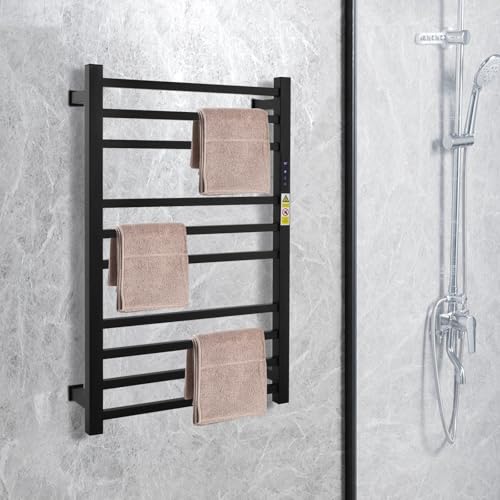 Esyogen Radiador eléctrico de baño de 120 W, 50 x 78 cm, calentador de toallas para cuarto de baño, toallero con temporizador, calentador de toallas montado en la pared con 10 varillas calefactoras
