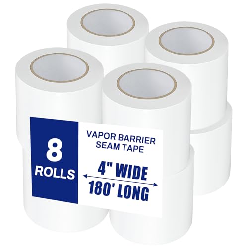 Bghdas 8 Roll, White Vapor Barrier Tape, 4" Wide x 180' Long, PE 9 mm Polyethylene Tape, for Stucco Waterproof Moisture Barriers Seal and Seam, for Crawlspaces, Insulation Repairs &amp; Plastic Liners
