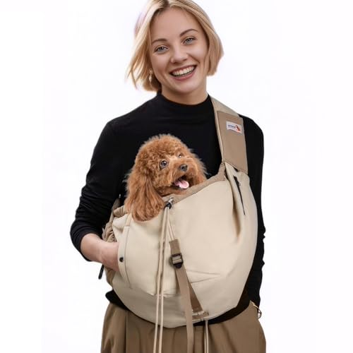 Dog Carrier Sling,Dog Carriers for Small Dogs & Cats Up to 20lbs,Puppy Carrying Backpack Pet Purse with Pockets,Adjustable Shoulder Strap,Hands Free for Travel (Beige)