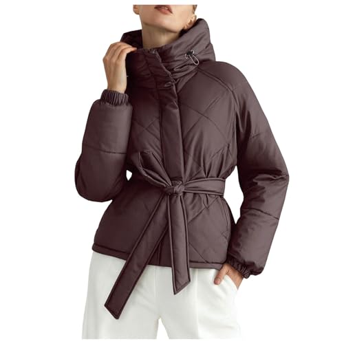 Chaqueta de invierno para mujer, chaqueta acolchada con capucha extraíble, ligera, cálida, corta, acolchada, informal, monocolor, vintage, acolchada, moderna, softshell, O Café., L