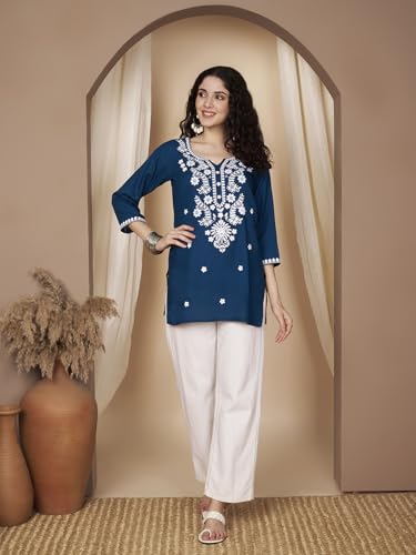 Image of Short Kurti for Women for Jeans, Chikankari Kurtis for Ladies, Lakhnavi V- Neck Women's Tunic Design Kurta, Floral Kurtas & Tunics for Woman