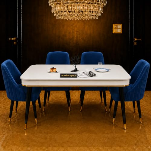 Image of WOODEN SPACE 4 Seater Wooden Dining Table Set | Urban Marble Top Dining Table with Chairs for Dining Room & Kitchen (Modern Infinity Navy Blue) (54 x 36 x 30 inch)