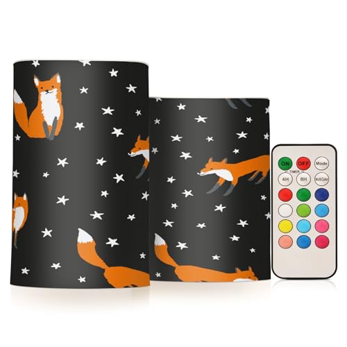 Mnsruu LED-Stumpenkerzen, Fuchs, Tiere und weiße Sterne, Schwarz, flammenlos, 2 Packungen