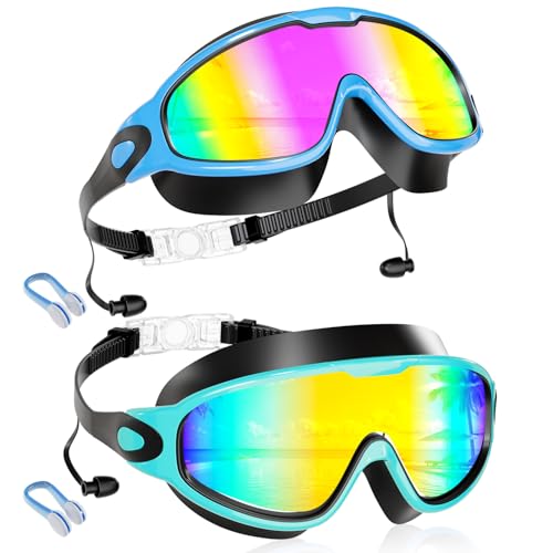 Aegend New Kids 2 Pack Wide View Swim Goggles Anti-Fog/UV No Leak Goggles with Ear Plugs Kids 3-14