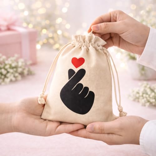 Image of Korean Kawaii Love Sign Potli Bags - Set of 10 Cotton Drawstring Gift Pouches for Return Gifts, Wedding Favors, Party Giveaways, Jewelry Packaging, Festive Gift Packing Bags