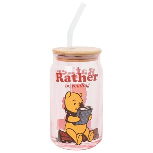Image of Silver Buffalo Disney Winnie the Pooh Rather Be Reading Glass Jar Tumbler with Bamboo Lid and Glass Straw, 16 Ounces