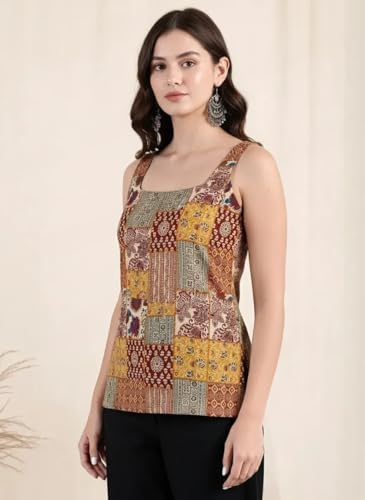 Image of Pinkmint Women Cotton Blend Printed Short Kurti Top (Pack of 2) | Stylish Casual Wear | Sleeveless Top | Back Dori Design | Comfortable Kurta Tops