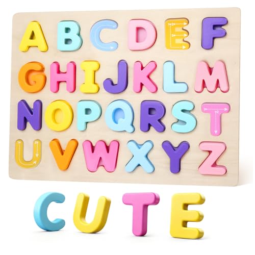 JOLSNAF Alphabet Puzzles Wooden for Toddlers ABC Learning Toys for Kids Preschool Educational Activities for Girls and Boys