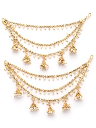 Image of Sukkhi Classical Traditional 18k Gold Plated with Brass Metal & Pearls Studded Jhumka /Jhumki Multi Layer Ear Kan Chain Earring Jewellery for Women & Girls|Bahubali Inspired Long Chain