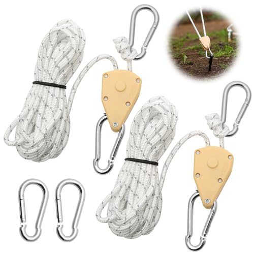 Lot De 2 Poulies à Cliquet Avec Corde Réglable 4m - Corde En Nylon Réfléchissante, Capacité 65kg, Pour Camping, Tentes, Fixation