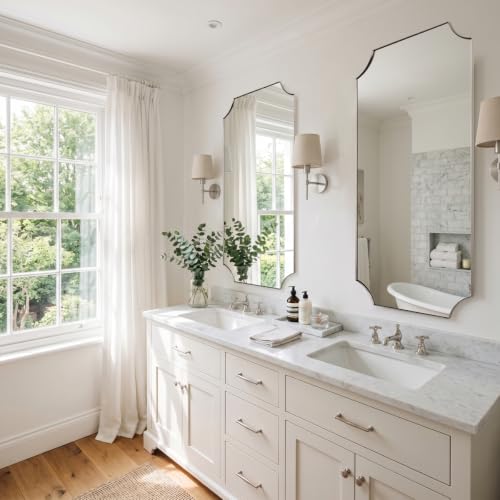 Image of MIRRORART 24x48'' Brushed Nickel Scalloped Oblong Mirrors for Bathroom