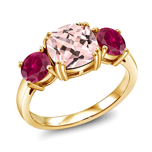 18K Yellow Gold Plated Silver Peach Nano Morganite and Red Created Ruby 3 Stone Engagement Ring For Women (4.00 Cttw, Gemstone October Birthstone, Cushion 8MM, Available in Size 5,6,7,8,9)