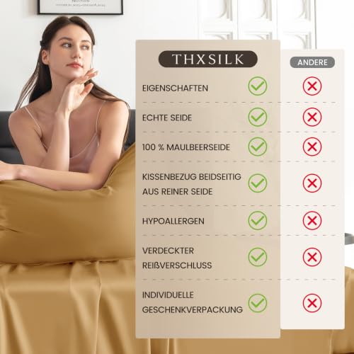 THXSILK 22 Momme Seide Kissenbezug - 100% Seide Kopfkissenbezug Sofakissenbezug - Anti milben Reißverschluss Seidenkissenbezug - Gold 50 x… – Ansicht 6