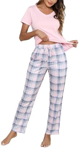 Litherday Schlafanzug Damen Baumwolle Pyjamas Set Kurzarm Nachtwäsche Set Zweiteiliger mit Lang Pyjamahose und Shirt Casual Elastischer Bund Sleepwear