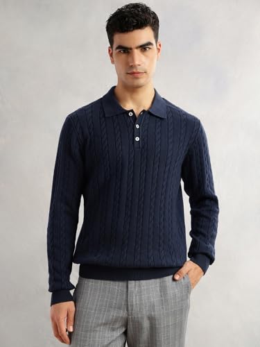 Image of Thomas Scott Men's | Regular Fit | Long Sleeves | Self Design | 100% Cotton | Button Closure | Dry Clean | Polo Collar | Knitted | T-Shirt