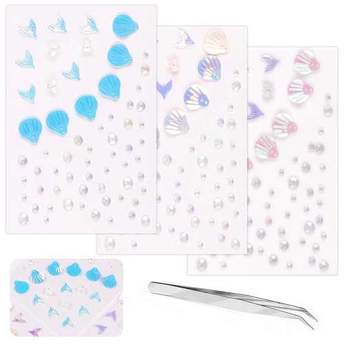 Glitter Rhinestone Tattoo Stickers for Makeup, Shell Fish Tail Flowers Face Eye Gems, Self Adhesive...
