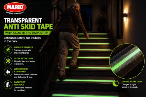 Image of Mario Transparent Anti-Skid Glow-in-the-Dark Tape Width 50mm x Length 5mtr (16.5 feet) | High Grip Waterproof Anti-Slip Safety Tape | Self Adhesive Tape for Stairs & Dark Areas | Pack of 1pc