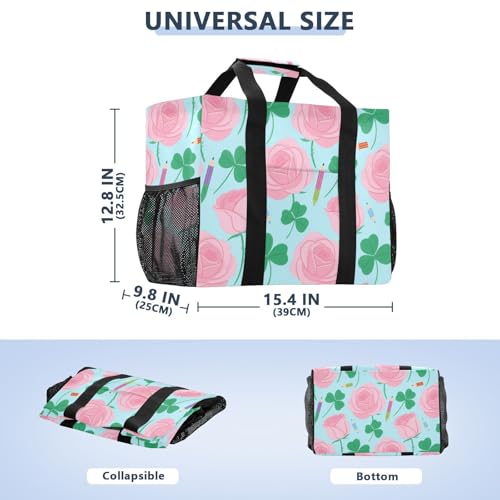 Pink Roses and Clover Beach Tote Pool Bags for Women Ladies Large Waterproof Gym Tote Carry On Bag for Weekender Swim Gym Shopping Travel Daily Bag3