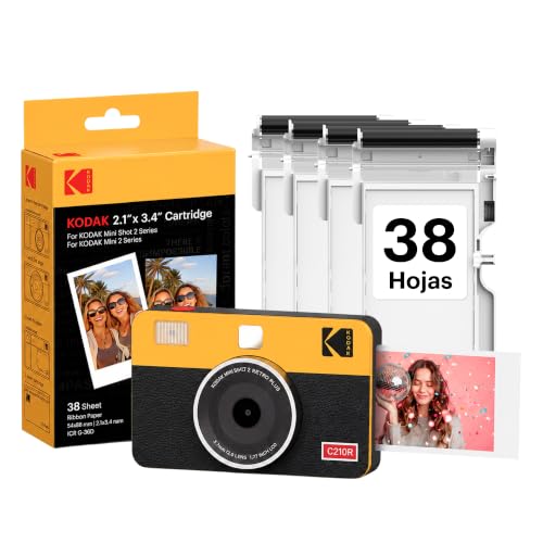 KODAK Mini Shot 2 Retro 4PASS 2-en-1 Cámara Instantánea e Impresora de Fotos (5,3x8,6cm) + Pack con 38 Hojas, Amarillo