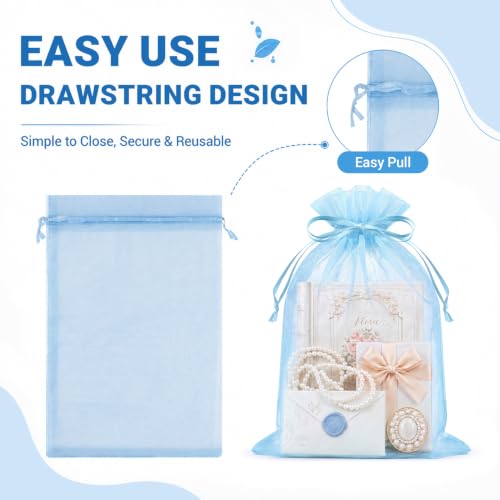 Image of FUNFERY 100PCS Baby Blue Organza Gift Bags 6x9in,Drawstring Jewelry Pouch