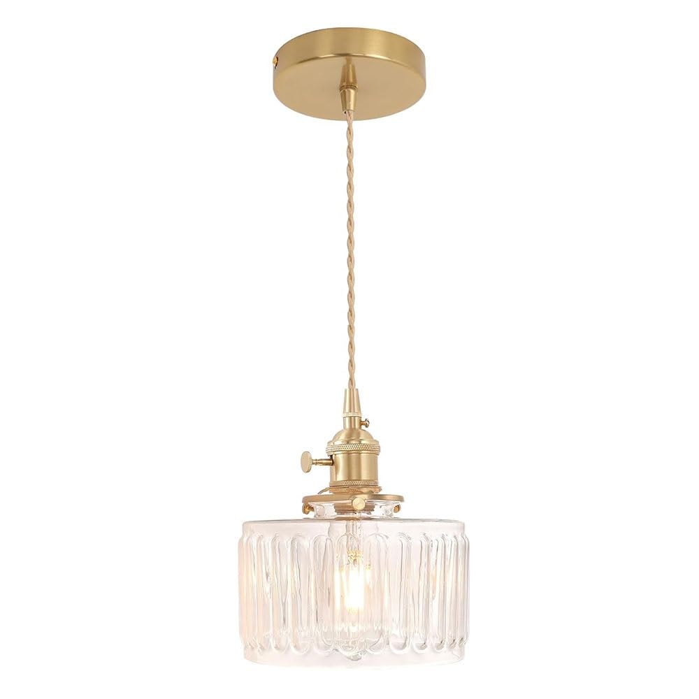 FEITENGDA Modern Clear Striped Glass Pendant Light Nordic Minimalist Cylindrical Hanging Lamp Vintage Interior Brass Base Chandelier for Kitchen Island Dining Room Hallway