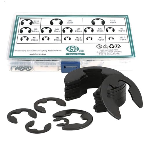 E Clips,450 Pcs Open Retaining Ring E-Shaped Card Set, 1.5-15 inch, Manganese Black