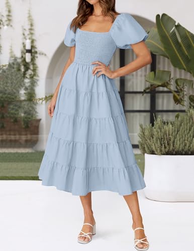 Image of ZESICA Women's 2026 Summer Puff Sleeve Midi Dress 2026 Boho Solid High Waist Flowy Beach Wedding Guest Long Dresses