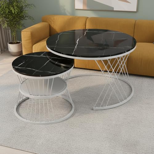 Image of The Round Coffee Table and The Stacking Tea Table with a Gold Metal Frame are Two Versatile Modern Center Tables That Look Great in Living Rooms (X Gry Black)