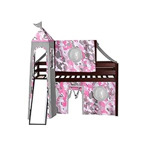 JACKPOT Princess Low Loft Bed with Slide Pink Camo Tent and Tower Twin Cherry