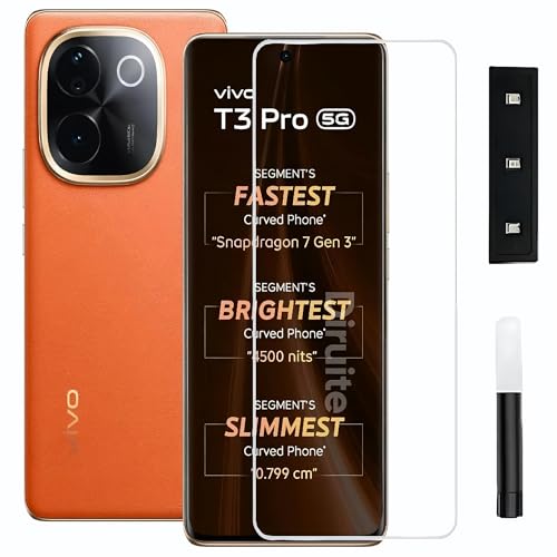 Image of Diruite UV Tempered Glass for Vivo T3 Pro - Premium 9H Hardness, Full Edge-to-Edge Coverage, Crystal HD Clarity, UV Glue with Easy Installation Kit (Pack of 1)