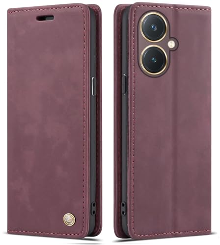 Image of ClickCase for vivo Y27 Sheepskin Series Faux Soft Leather Wallet Flip Case Kick Stand with Magnetic Closure Lightweight Slim Flip Cover for vivo Y27 (Mauve Red)