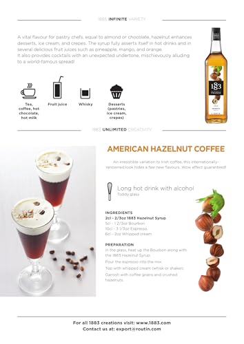 Image of 1883 Hazelnut Syrup - Flavored Syrup for Hot & Iced Beverages, Nutty Flavor - Gluten-Free, Vegan, Non-GMO, Kosher, Preservative-Free, Made in France | 1 Liter (33.8 Fl Oz)