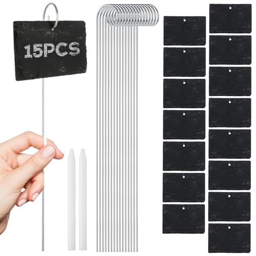 LOYORTY 15PCS Slate Plant Markers with Stakes and Stone Chalks Garden Markers Signs Labels Hanging Slate Planter Tags for Flower Bed, Pots, Planters