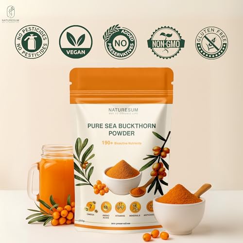 Image of Naturesum Central Asian Sea Buckthorn Berry Powder 100% Organic (250g) Rich in Omega 3, 6, 7, 9, Vitamin C, E & 18 Amino Acid, Strong Antioxidant for Skin Glow, Immunity, Gut & Heart Health