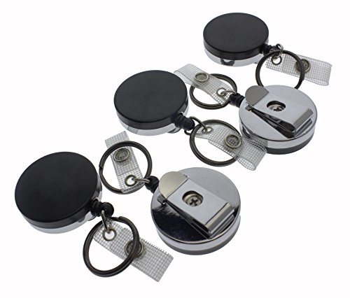Specialist ID 5 Pack - Heavy Duty All Metal Casing Retractable Badge & Key Reel with Thick Nylon Cord, Belt Clip, Reinforced ID Strap and Keychain (Black)