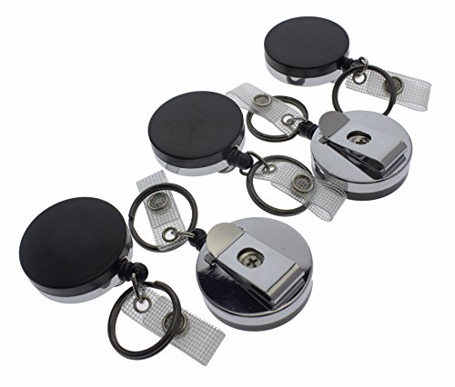 5 Pack - Heavy Duty Retractable Badge Reel with Key Ring - All Metal Construction Card & Key Holders with Thick Nylon Cord, Belt Clip, Reinforced ID Strap & Keychain by Specialist ID (Black/Silver)