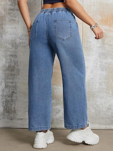 Womens Pull On Wide Leg Jeans 90s Stretch High Waisted Crop Denim Pants for Women 2024 Trendy, Large Light Blue3