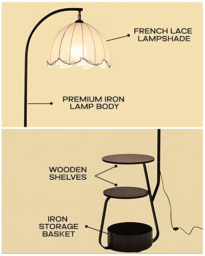 Image of WEIRD WOLF 3 Shelf Floor Lamp for Living Room with Side Table | 3 Color Dimmable LED | 160-170cm Adjustable Height | Storage Basket | Arc Design | Living Room & Bedroom Decor