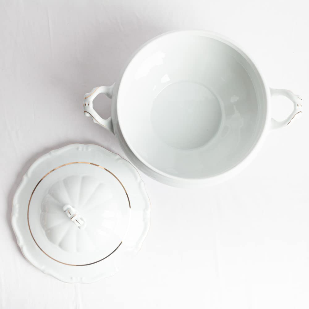 Sopera de porcelana blanca (3 l) Rhein, 1 tapa de porcelana, filo de oro