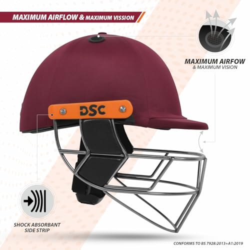 Image of DSC Empra Titanium BSI Approved Professional Cricket Helmet | BS7928 Certified Pro-Standard Hard Ball Helmet with Ultra-Light Titanium Grill & Advanced Shock Absorption | Color: Maroon | Size: S