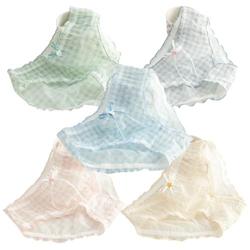 Cute Plaid Panties for Teen Girls Bow Decor Briefs Kawaii Ruffled Trim Underwear Mid Rise Cotton Crotch 5-Pack (5 colors-plaid,X-Large) - Main Image