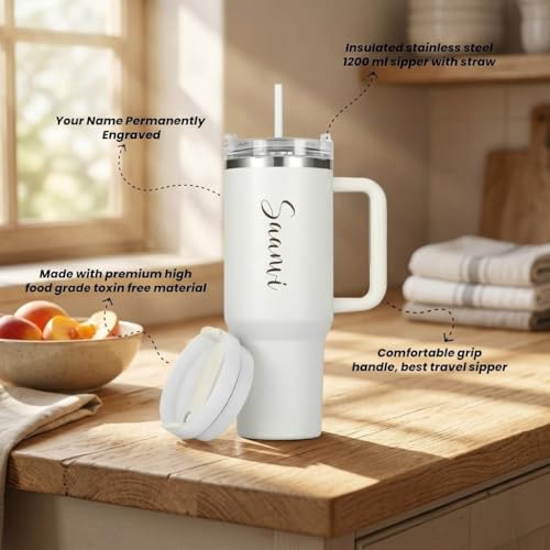 Image of SAVRI Customized Tumbler with Name, 1200 ML Stainless Steel Travel Mug with Straw, Lid & Handle, Personalised Sipper Water Bottle for Women, Men & Girls, Anniversary Birthday Gift for Office & Gym Use