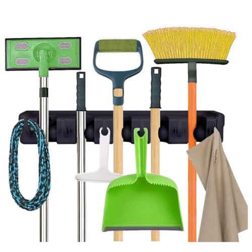 PARENCE.- Support Mural Porte-Balais et Outils – Râtelier de Rangement 5 Emplacements Automatiques + 6 Crochets Pliants | Organisateur Mural Garage