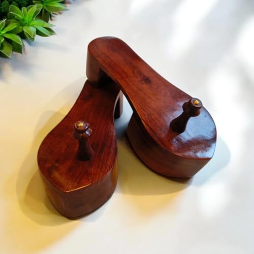 Image of Pooja Slippers | Shree Dhirendra Krishna Shastri (Bageshwar Dham Khadau Slippers) | Traditional Indian Wooden Sandals | Unisex Teak Wood Chappal for Men & Women (27x10x8 cm, Walnut Brown)